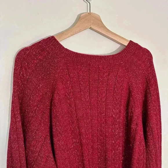 Athleta Crossroads Metallic Holiday Sweater Cable Knit Crew Wool | Red | SZ 2X - Picture 9 of 13